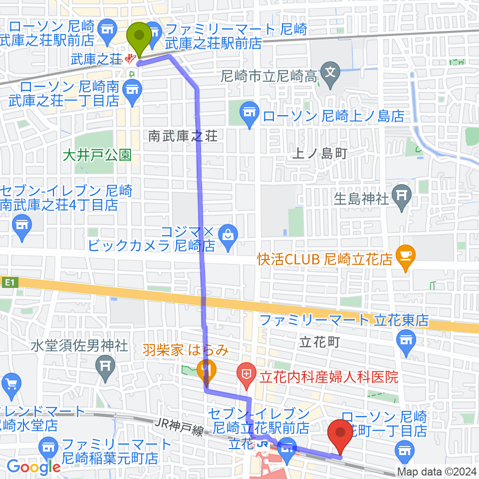 武庫之荘駅からマサゴ楽器へのルートマップ地図