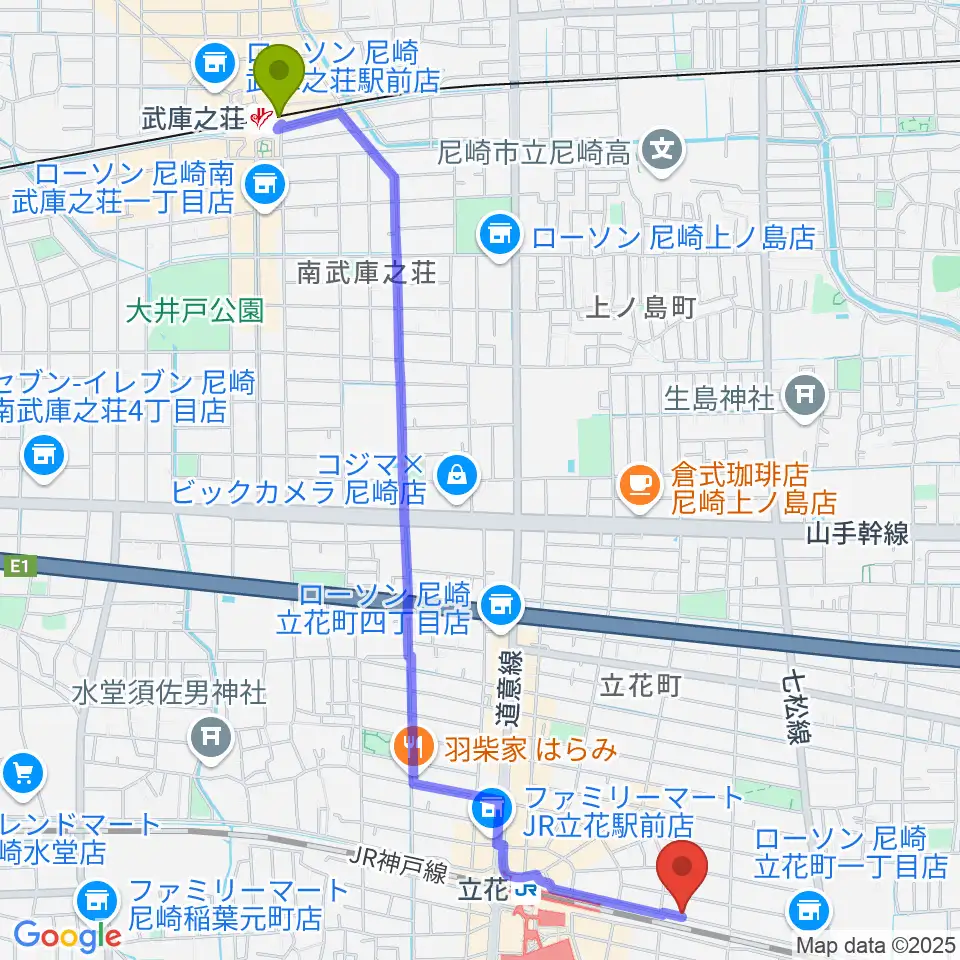 武庫之荘駅からマサゴ楽器へのルートマップ地図