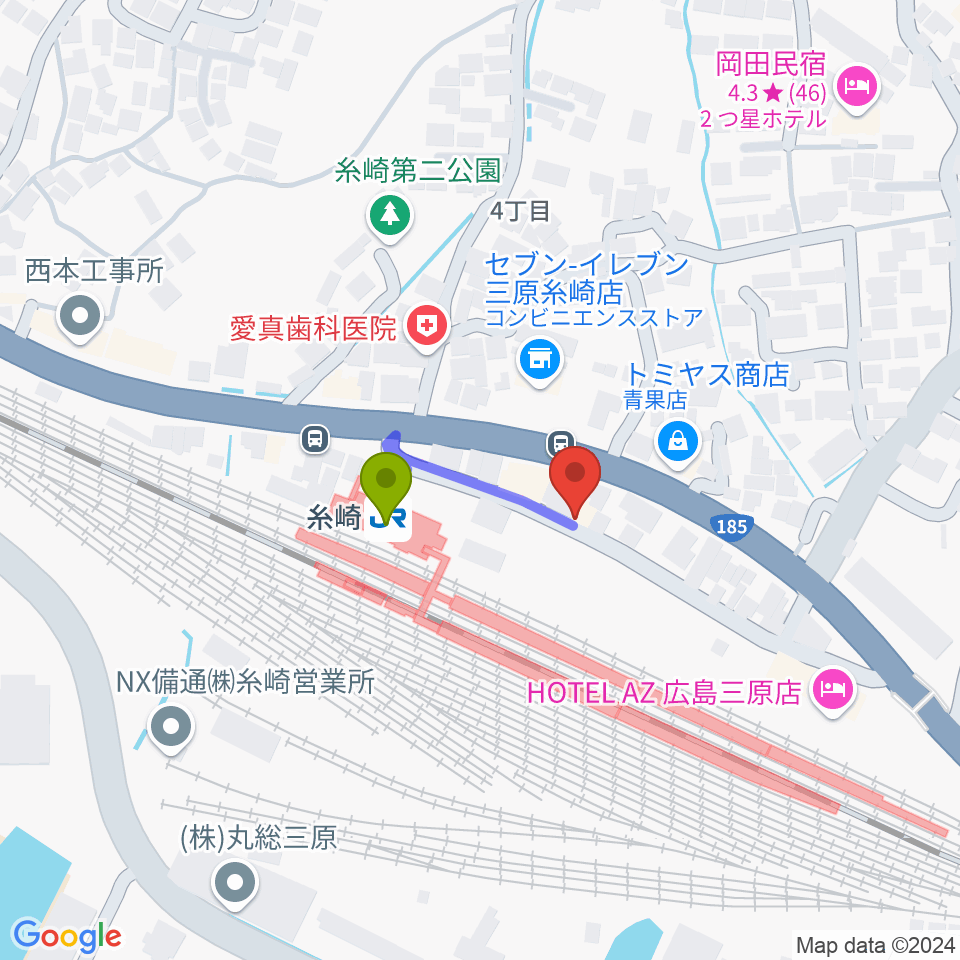 三原博志バイオリン工房の最寄駅糸崎駅からの徒歩ルート（約2分）地図