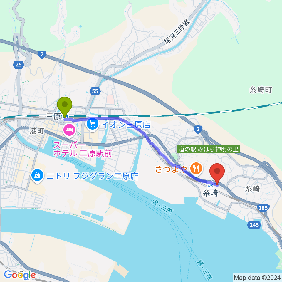 三原駅から三原博志バイオリン工房へのルートマップ地図