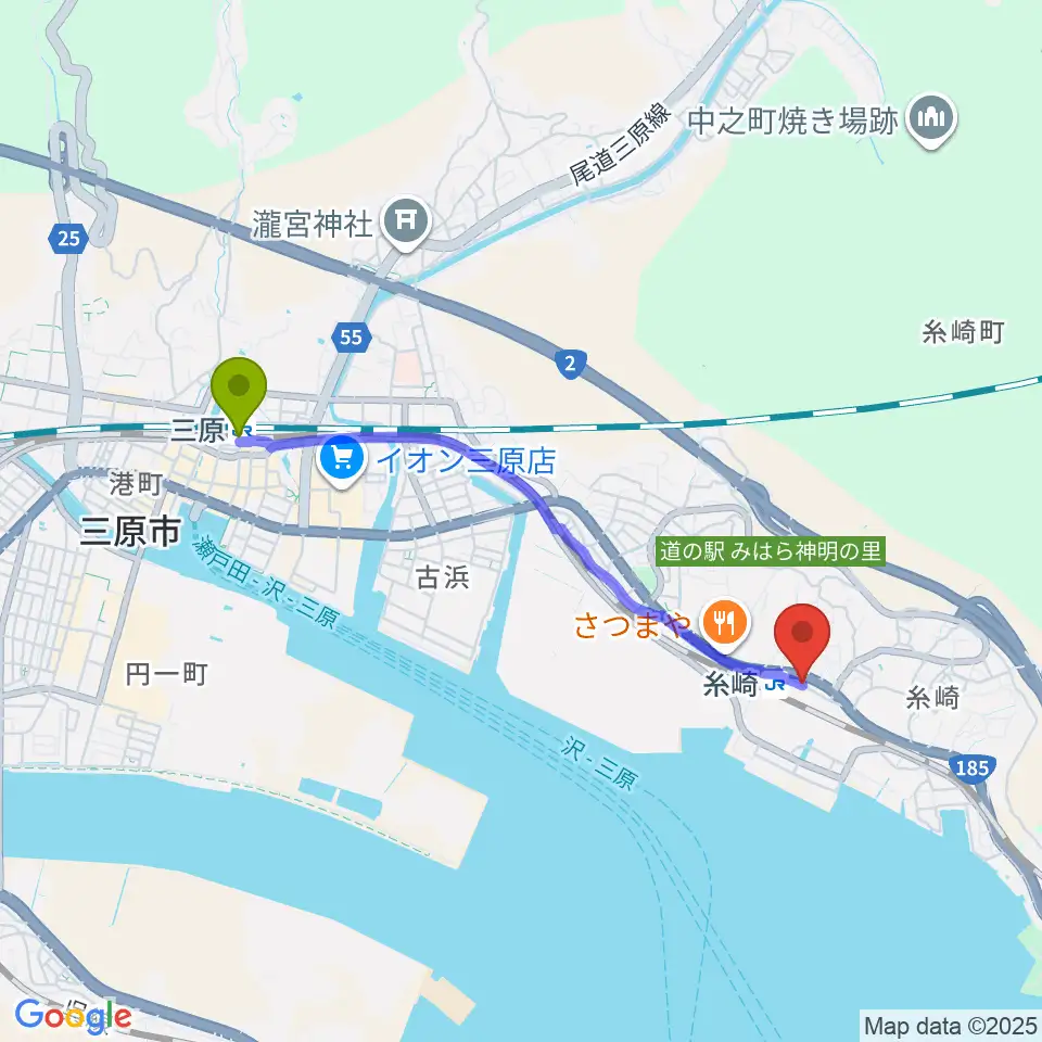 三原駅から三原博志バイオリン工房へのルートマップ地図