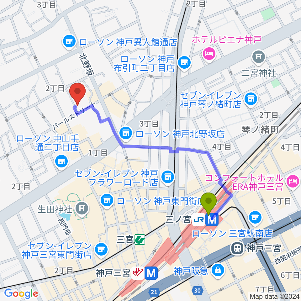 リードマン北野店の最寄駅三ノ宮駅からの徒歩ルート（約9分）地図