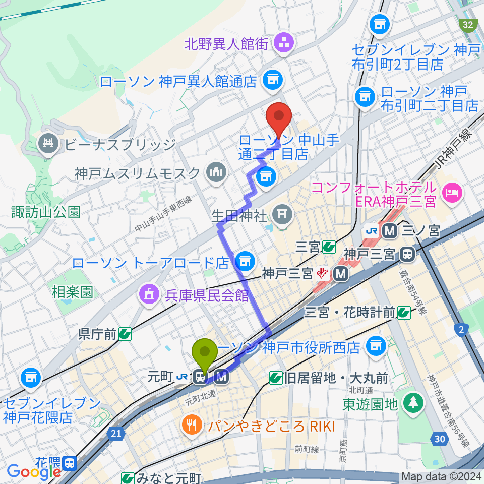 元町駅からリードマン北野店へのルートマップ地図