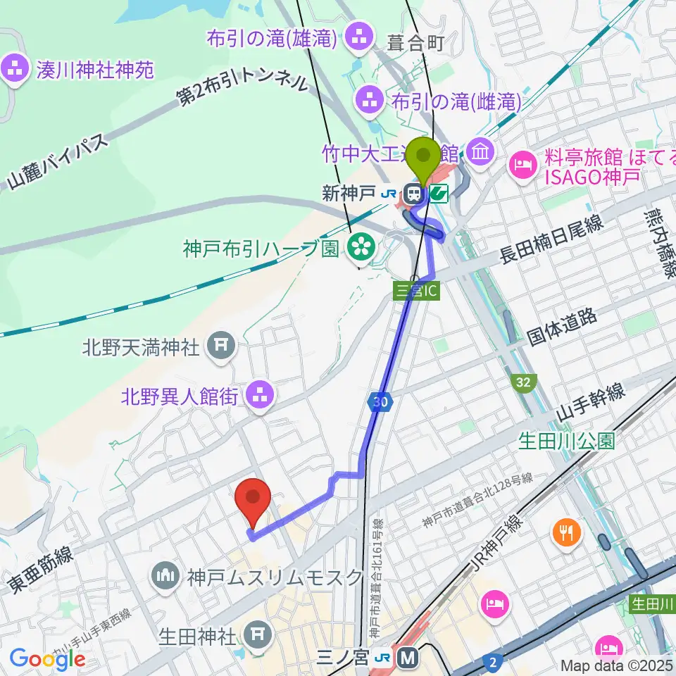 新神戸駅からリードマン北野店へのルートマップ地図