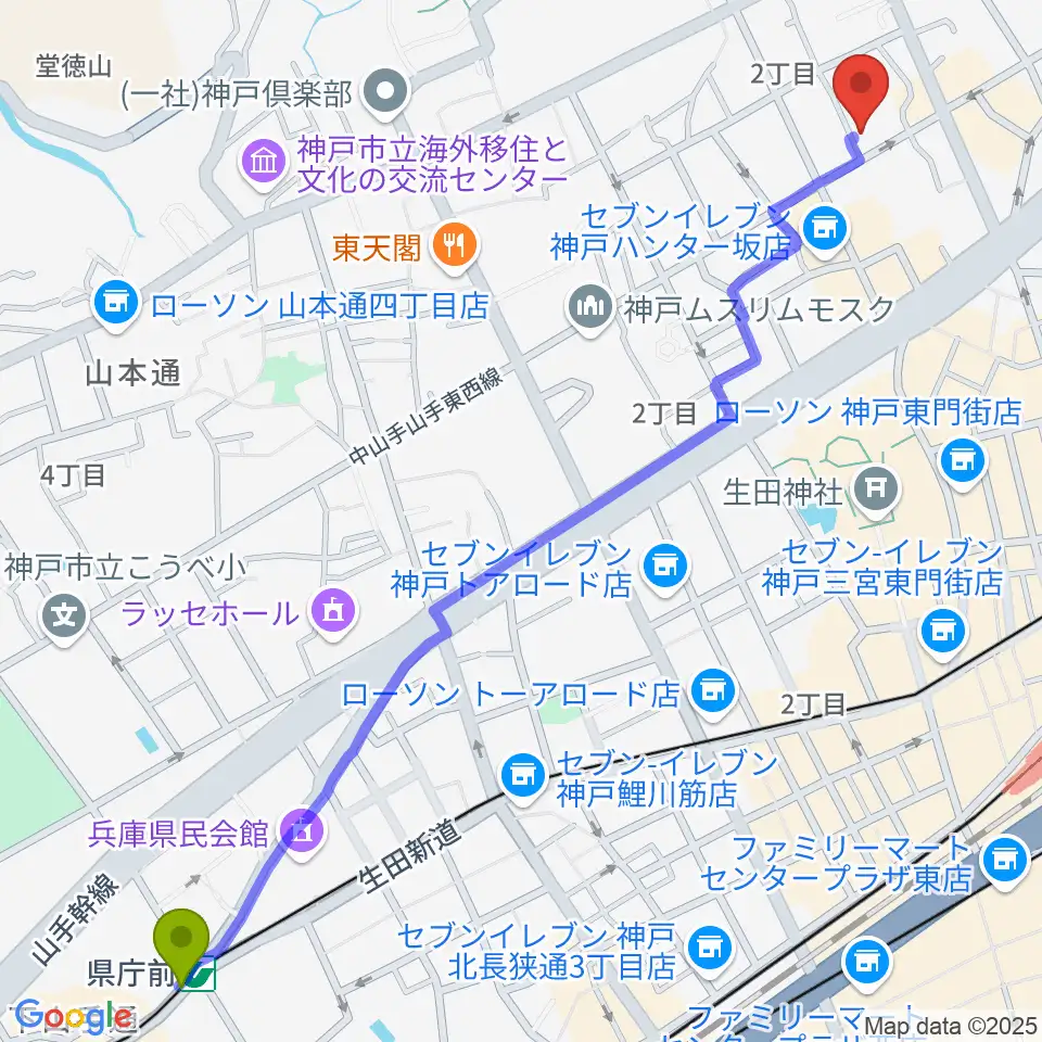 県庁前駅からリードマン北野店へのルートマップ地図