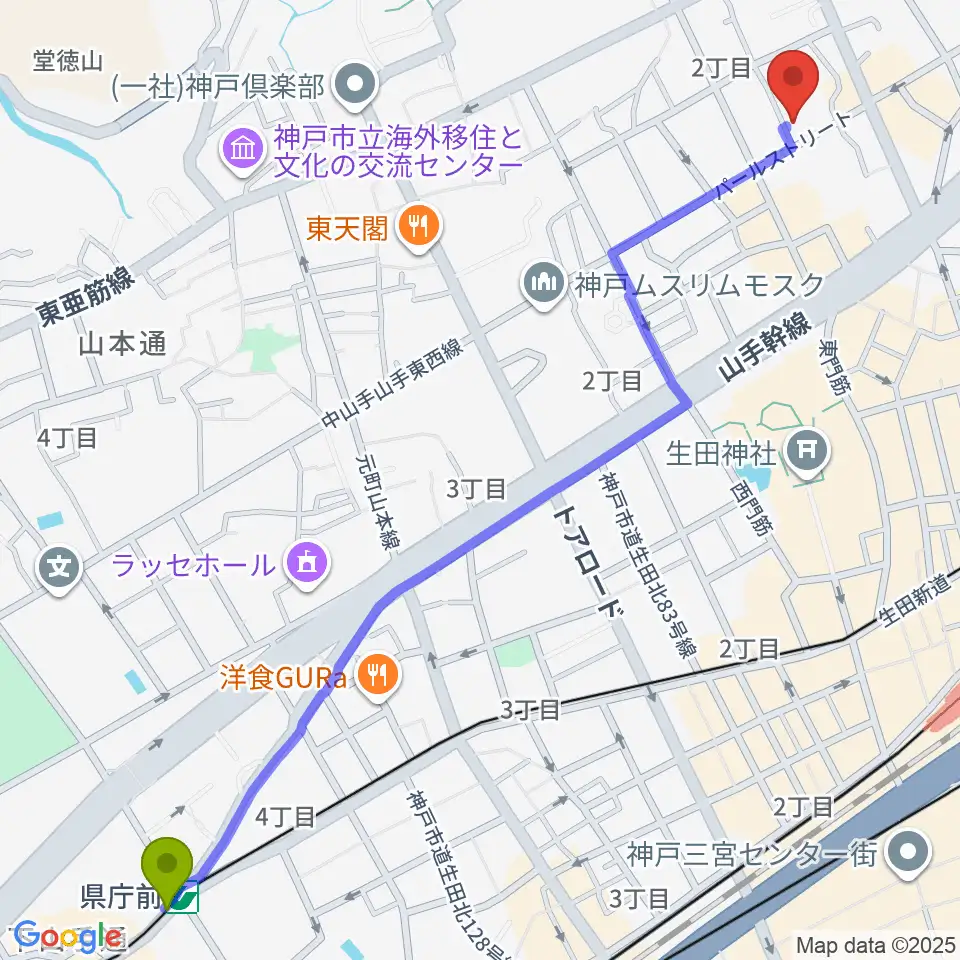 県庁前駅からリードマン北野店へのルートマップ地図