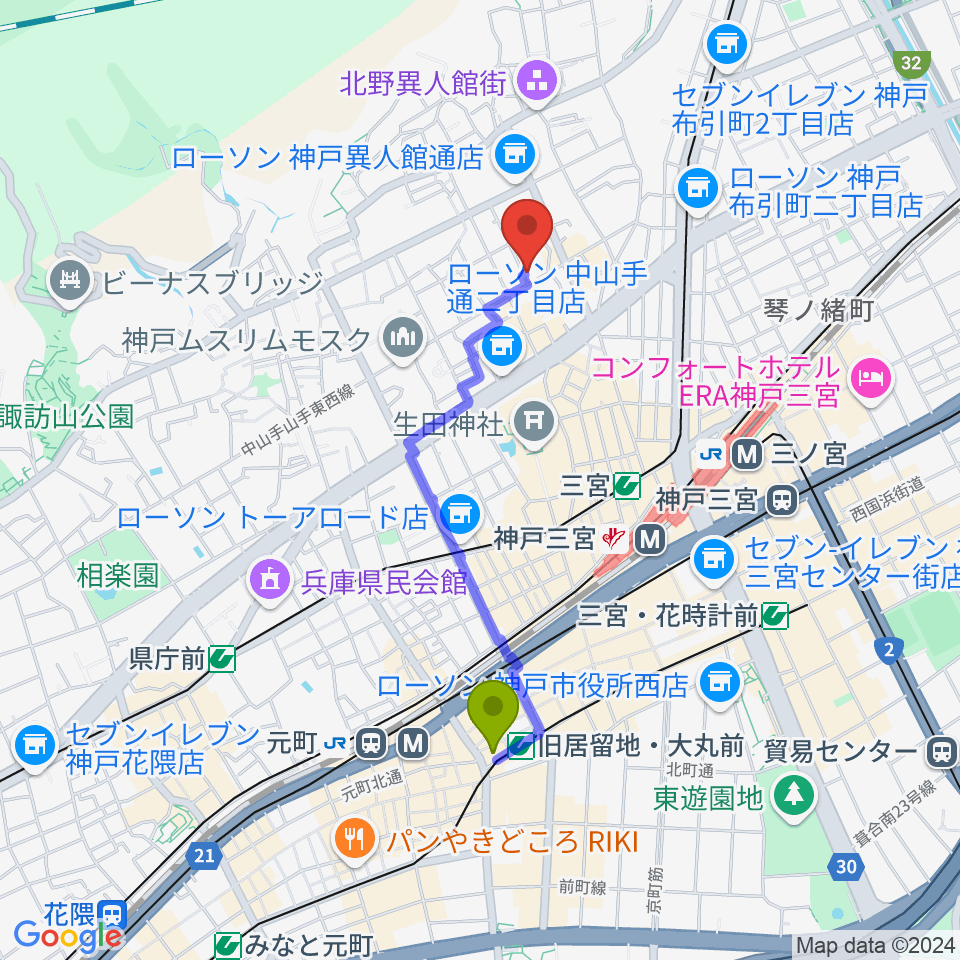 旧居留地・大丸前駅からリードマン北野店へのルートマップ地図