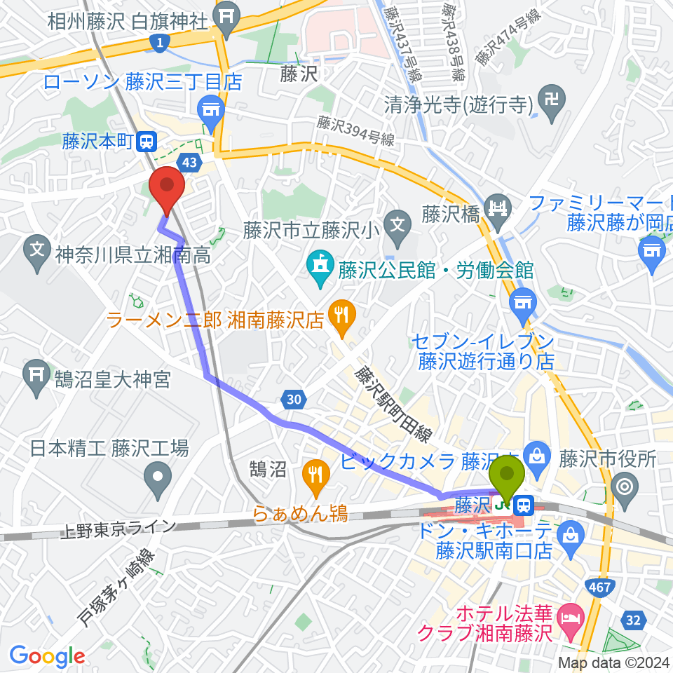 藤沢駅から藤沢本町クラジャへのルートマップ地図