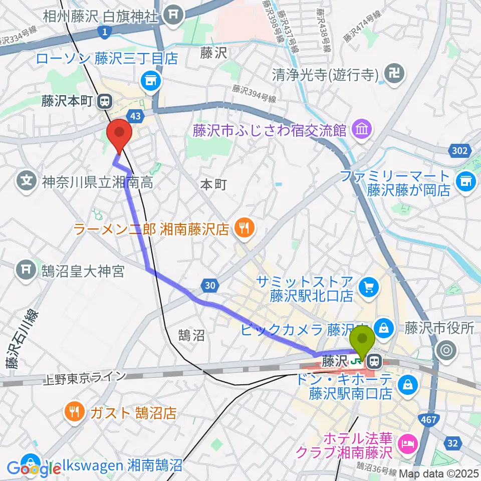 藤沢駅から藤沢本町クラジャへのルートマップ地図