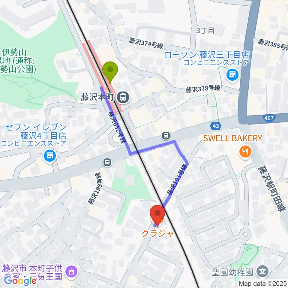 藤沢本町クラジャの最寄駅藤沢本町駅からの徒歩ルート（約4分）地図