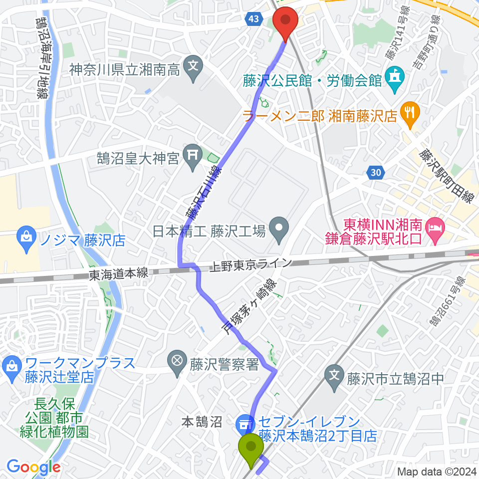 本鵠沼駅から藤沢本町クラジャへのルートマップ地図