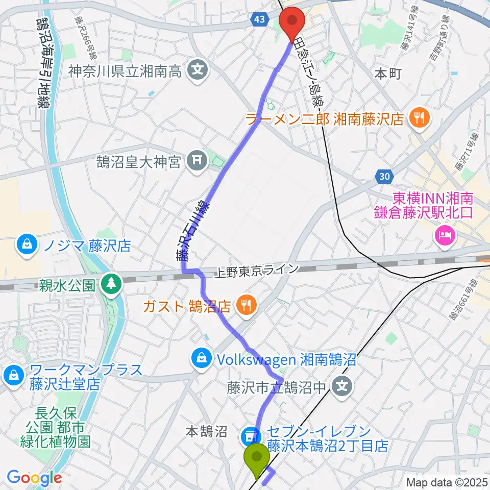 本鵠沼駅から藤沢本町クラジャへのルートマップ地図