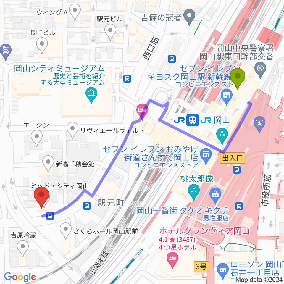 山陽こだま楽器 岡山西口店の最寄駅岡山駅からの徒歩ルート（約6分）地図