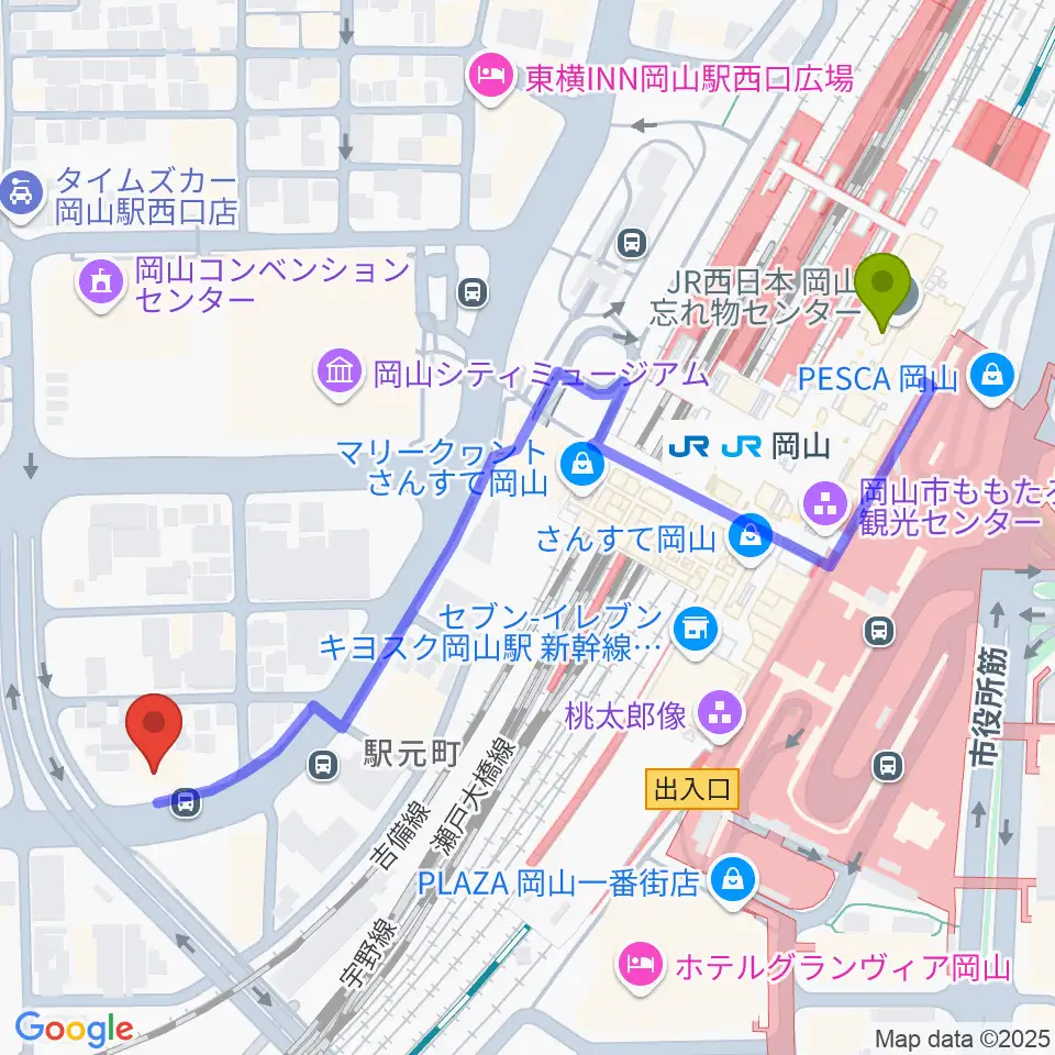 山陽こだま楽器 岡山西口店の最寄駅岡山駅からの徒歩ルート（約6分）地図