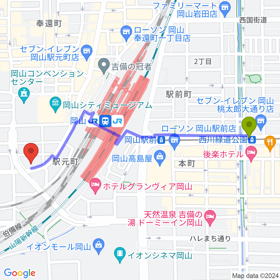 西川緑道公園駅から山陽こだま楽器 岡山西口店へのルートマップ地図