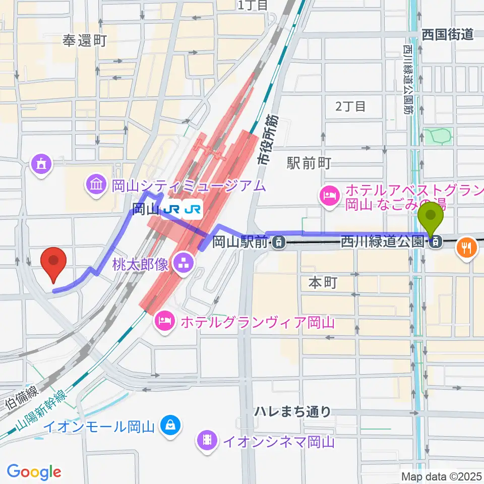 西川緑道公園駅から山陽こだま楽器 岡山西口店へのルートマップ地図