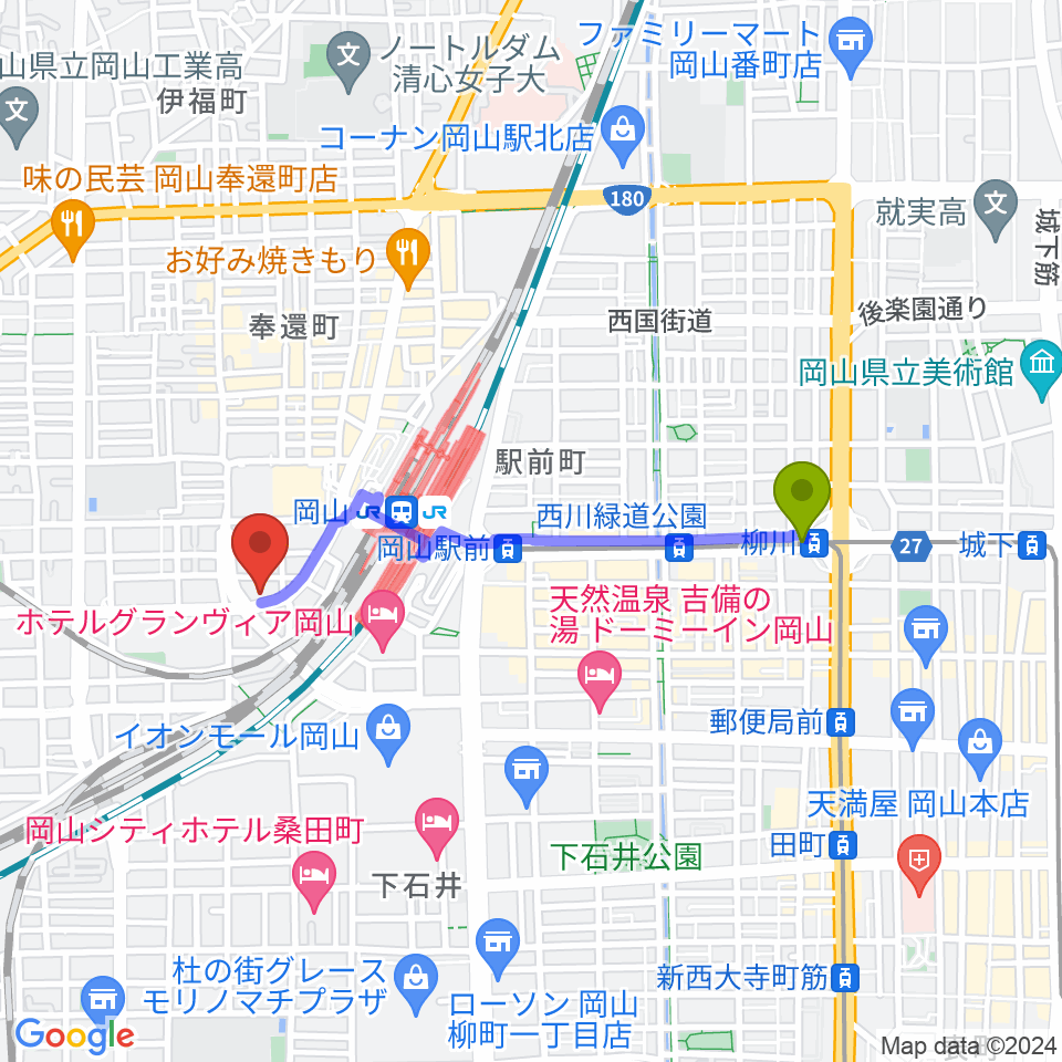 柳川駅から山陽こだま楽器 岡山西口店へのルートマップ地図