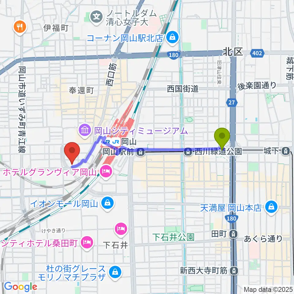 柳川駅から山陽こだま楽器 岡山西口店へのルートマップ地図