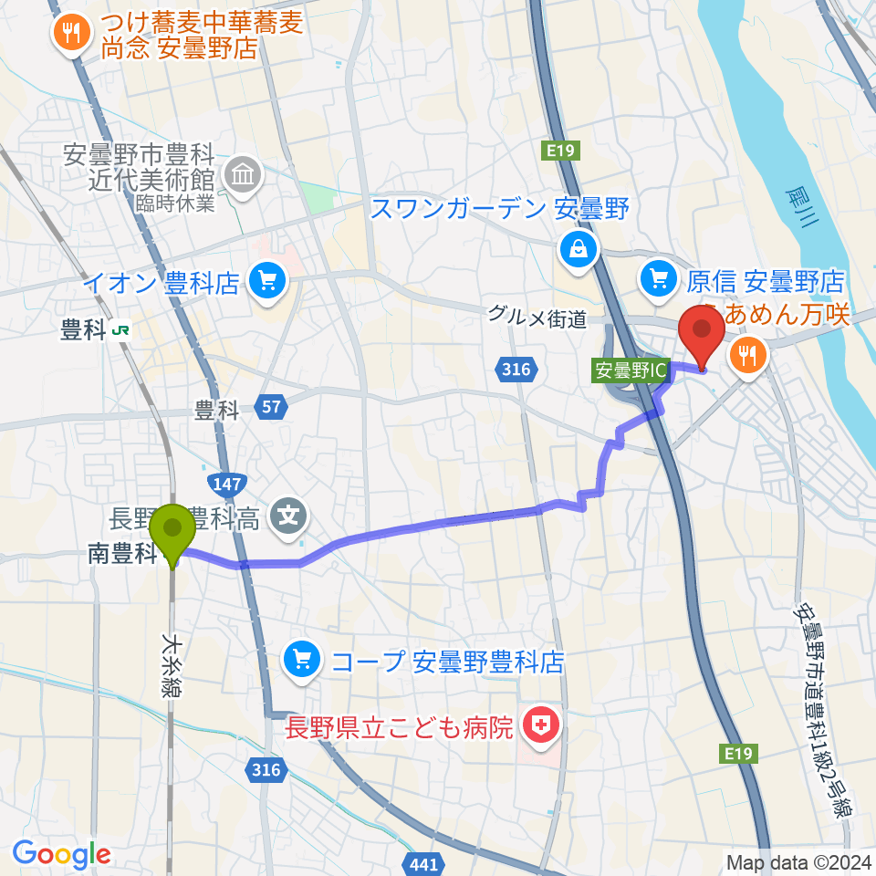 南豊科駅からギターショップEXCELへのルートマップ地図