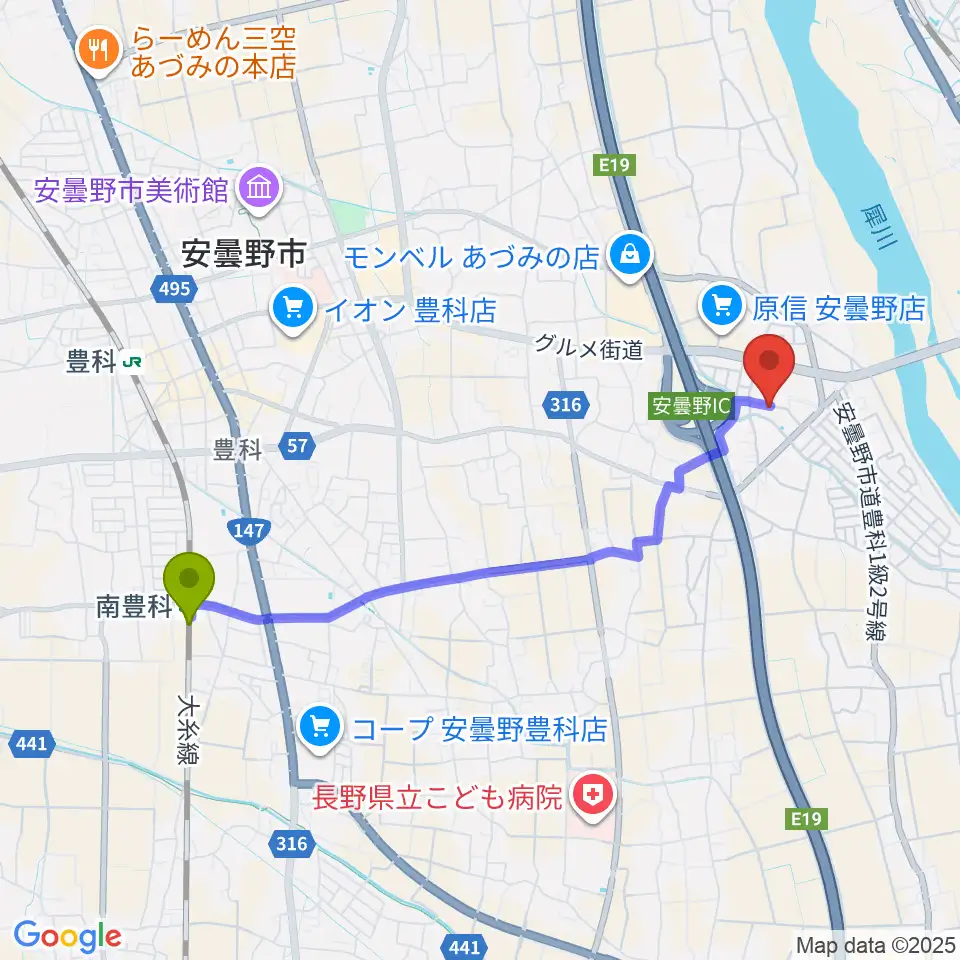 南豊科駅からギターショップEXCELへのルートマップ地図