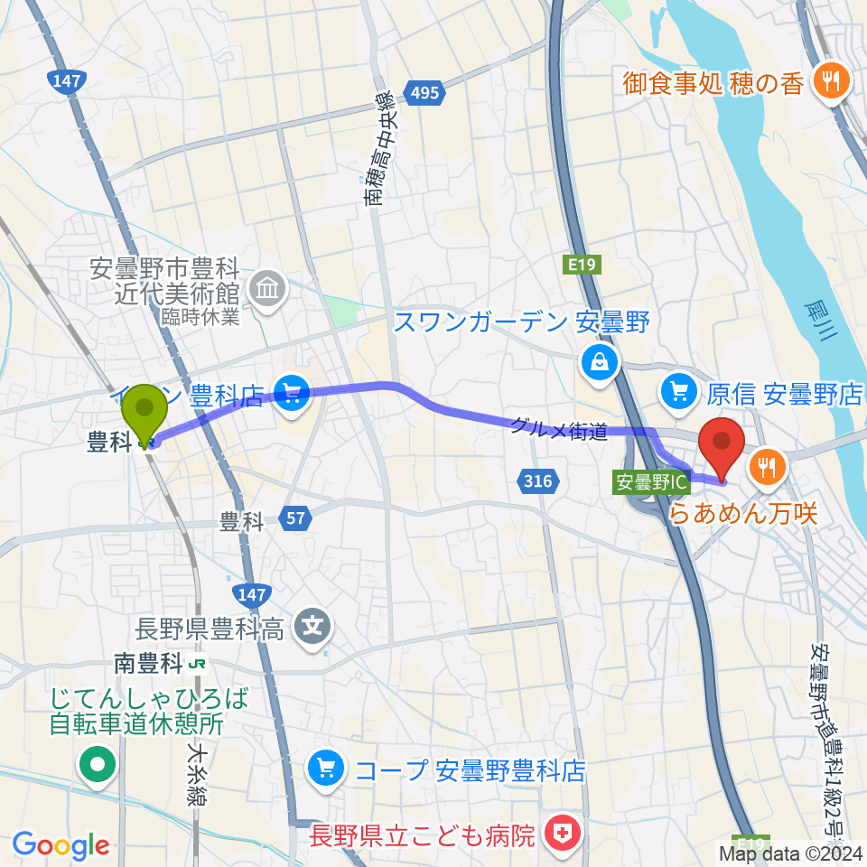 豊科駅からギターショップEXCELへのルートマップ地図