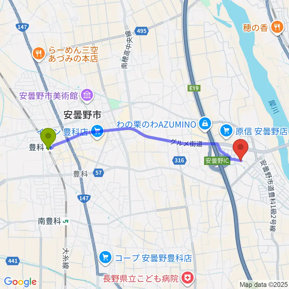 豊科駅からギターショップEXCELへのルートマップ地図