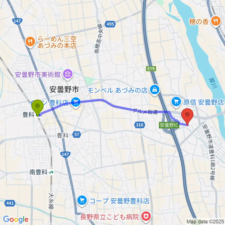 豊科駅からギターショップEXCELへのルートマップ地図