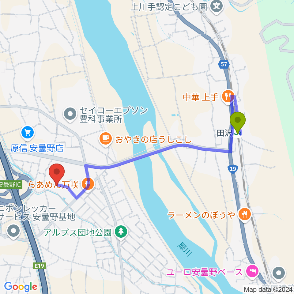 ギターショップEXCELの最寄駅田沢駅からの徒歩ルート（約20分）地図