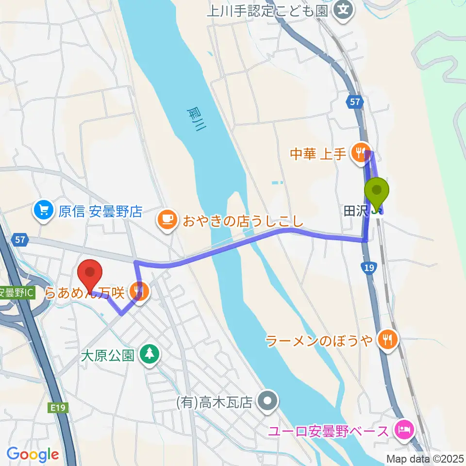 ギターショップEXCELの最寄駅田沢駅からの徒歩ルート（約20分）地図