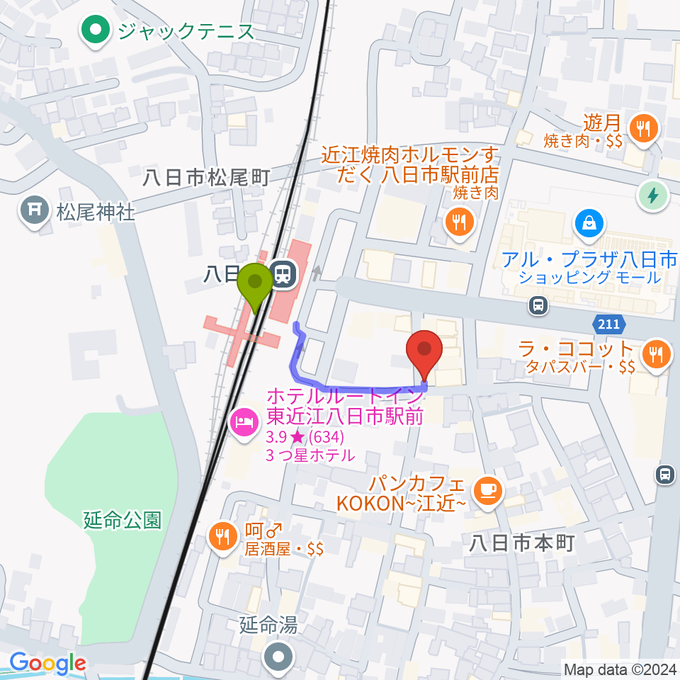 くらま楽器の最寄駅八日市駅からの徒歩ルート（約2分）地図