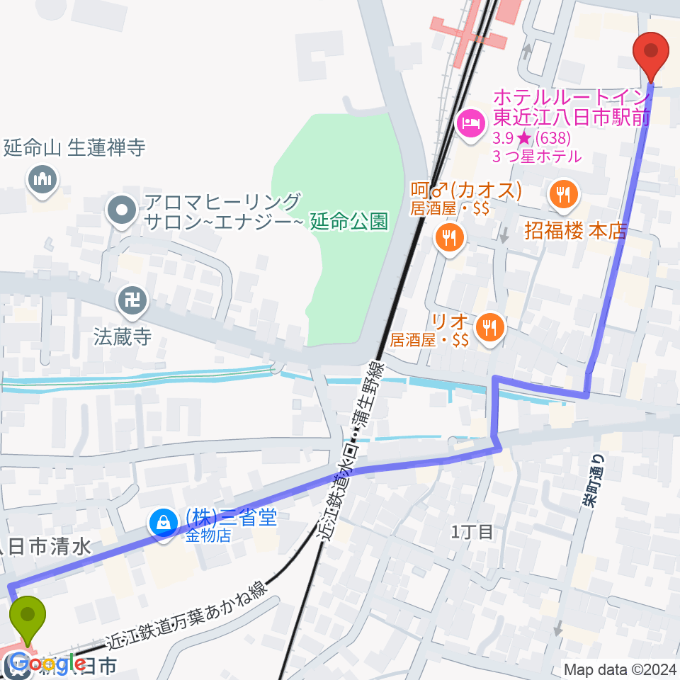 新八日市駅からくらま楽器へのルートマップ地図