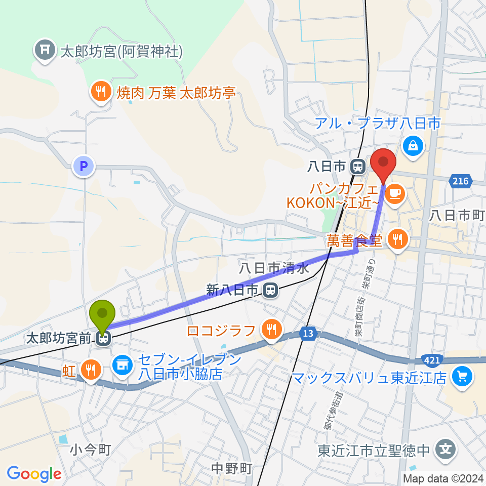 太郎坊宮前駅からくらま楽器へのルートマップ地図