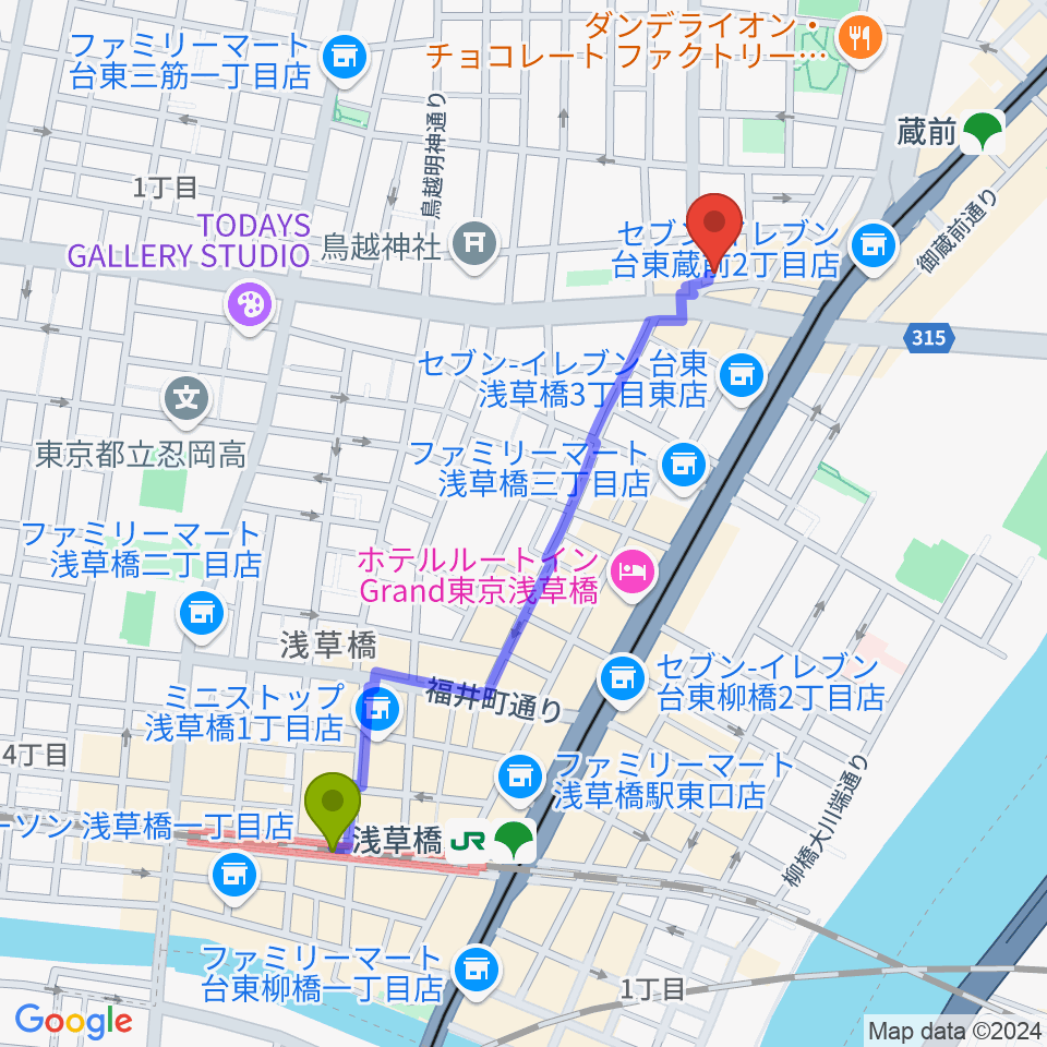 浅草橋駅からSlow Lifeへのルートマップ地図