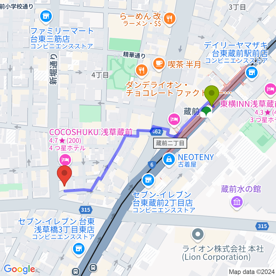 Slow Lifeの最寄駅蔵前駅からの徒歩ルート（約5分）地図