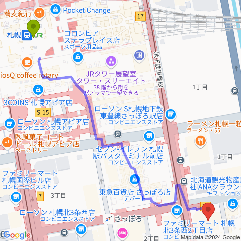 シャコンヌ札幌店の最寄駅札幌駅からの徒歩ルート（約7分）地図