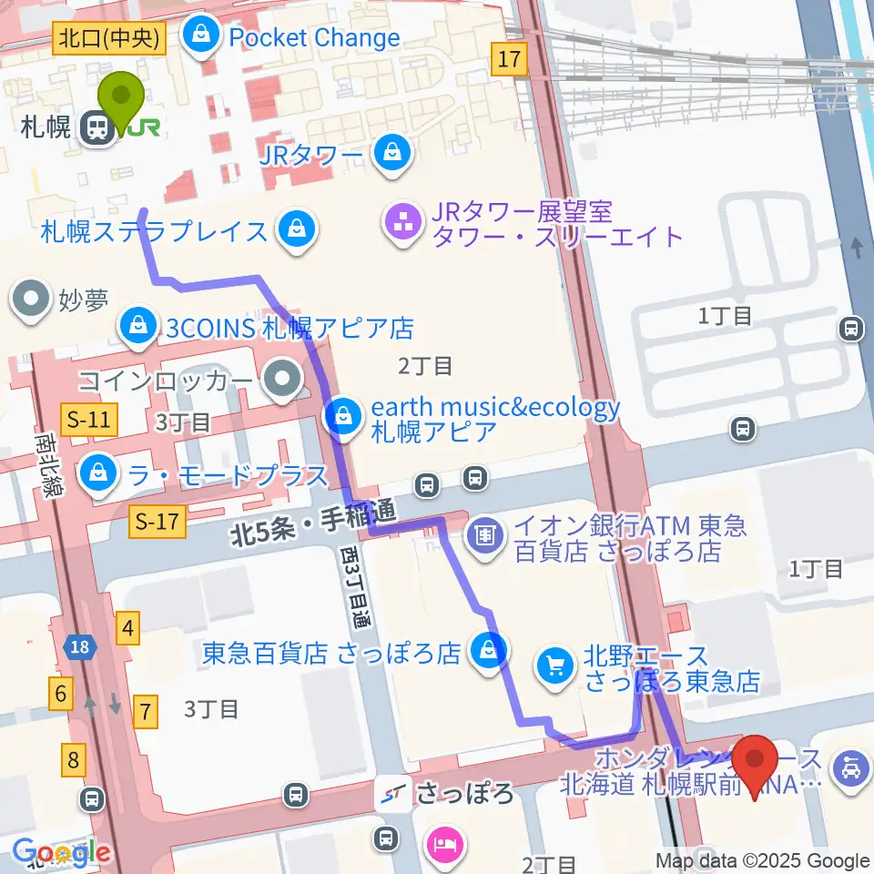 シャコンヌ札幌店の最寄駅札幌駅からの徒歩ルート（約7分）地図