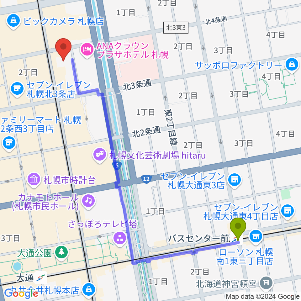 バスセンター前駅からシャコンヌ札幌店へのルートマップ地図