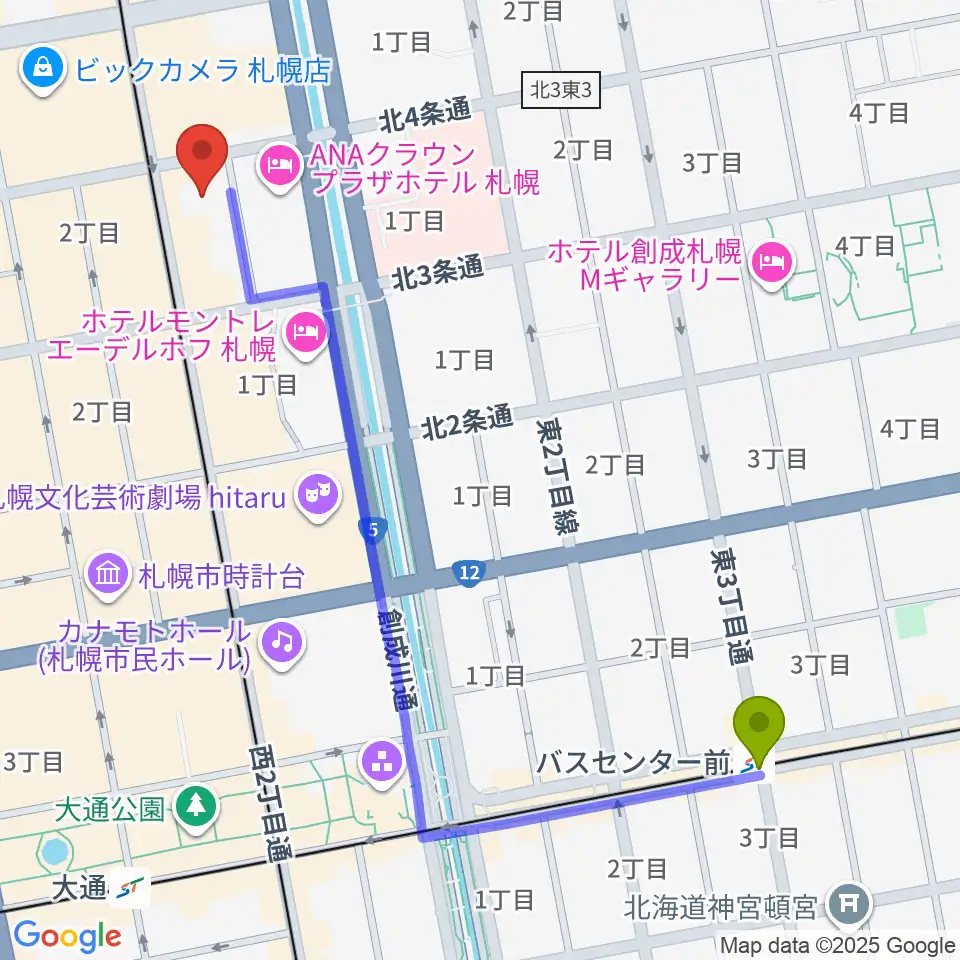 バスセンター前駅からシャコンヌ札幌店へのルートマップ地図
