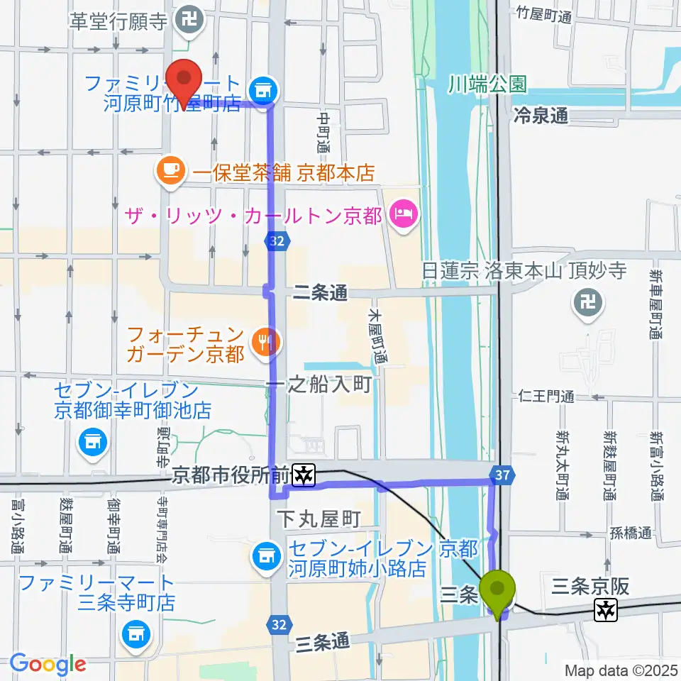 三条駅から旭堂楽器店へのルートマップ地図