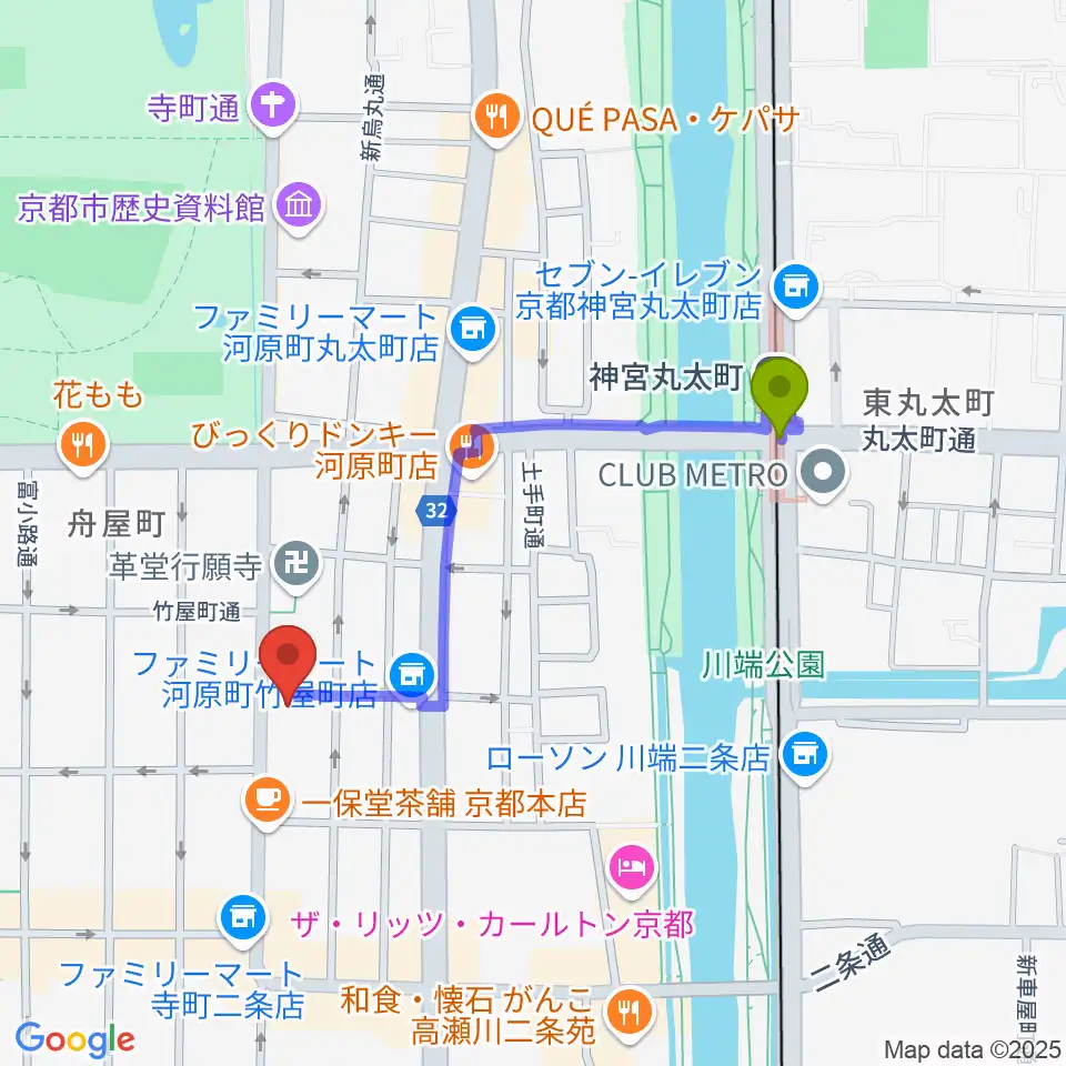 旭堂楽器店の最寄駅神宮丸太町駅からの徒歩ルート（約8分）地図