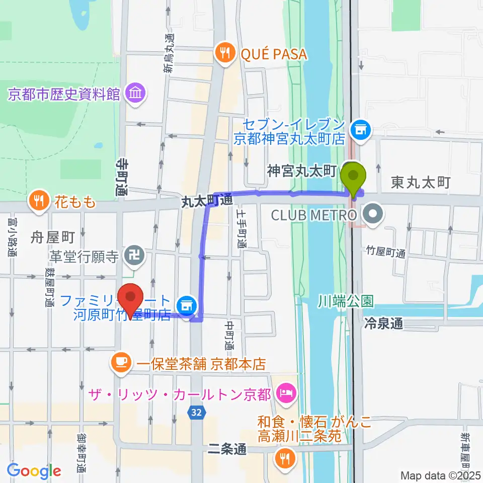 旭堂楽器店の最寄駅神宮丸太町駅からの徒歩ルート（約8分）地図