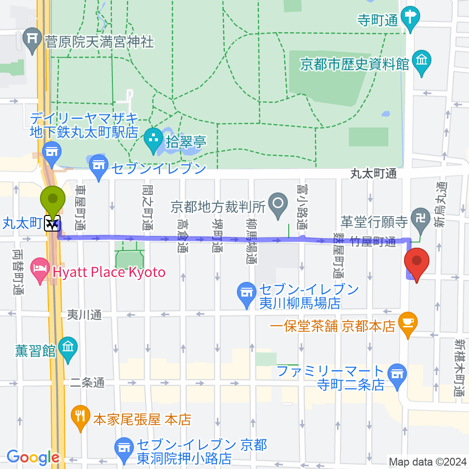 丸太町駅から旭堂楽器店へのルートマップ地図