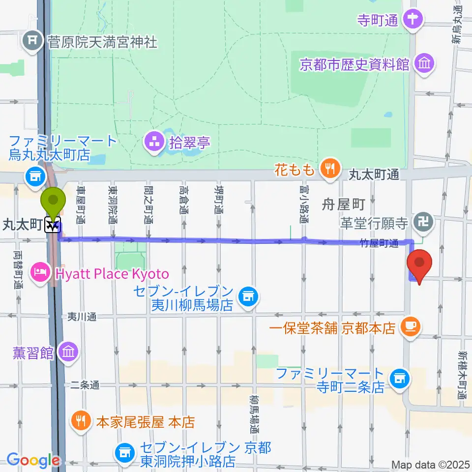 丸太町駅から旭堂楽器店へのルートマップ地図