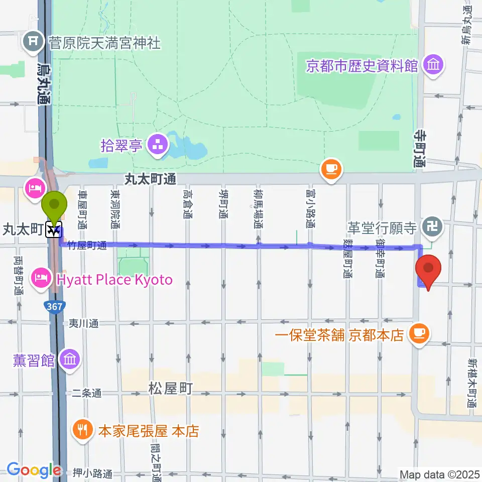 丸太町駅から旭堂楽器店へのルートマップ地図