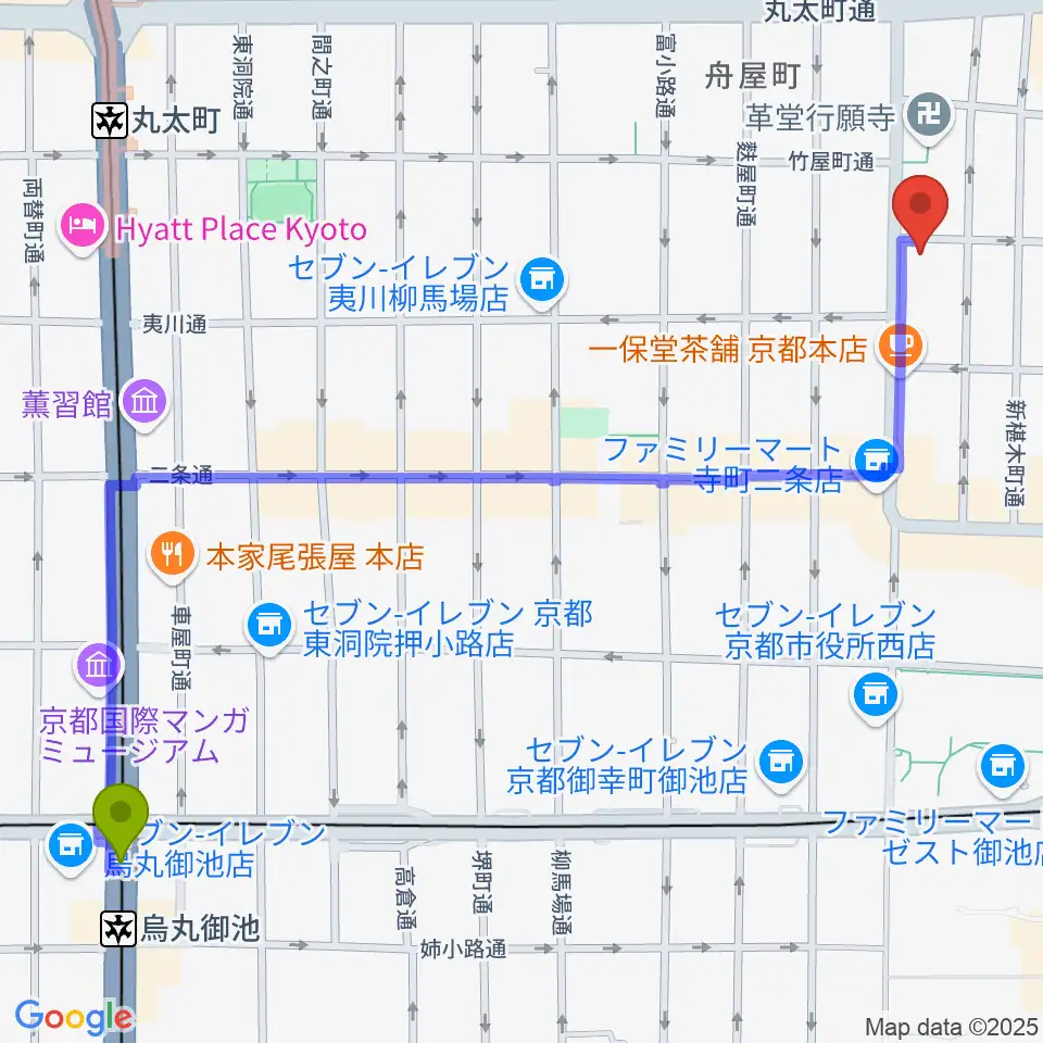 烏丸御池駅から旭堂楽器店へのルートマップ地図