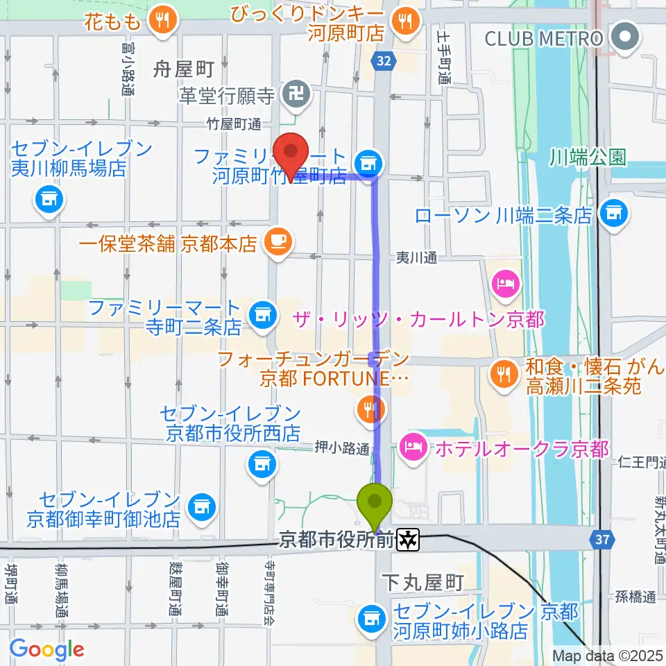 京都市役所前駅から旭堂楽器店へのルートマップ地図