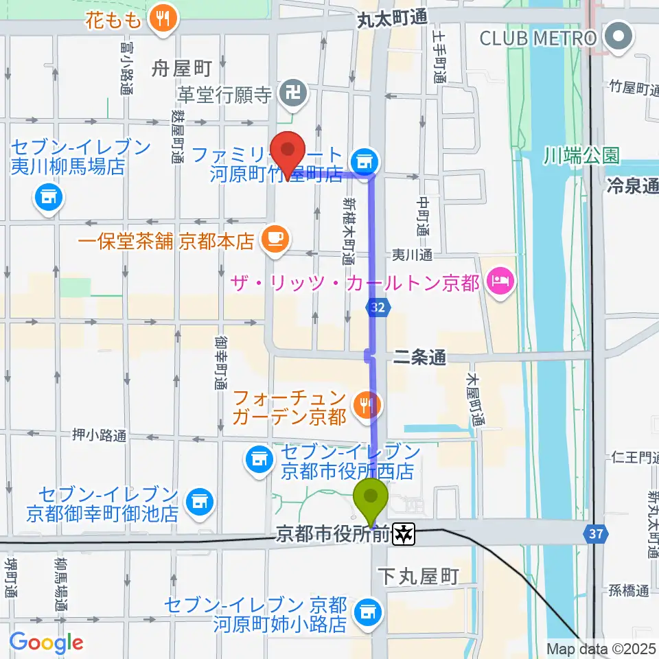 京都市役所前駅から旭堂楽器店へのルートマップ地図