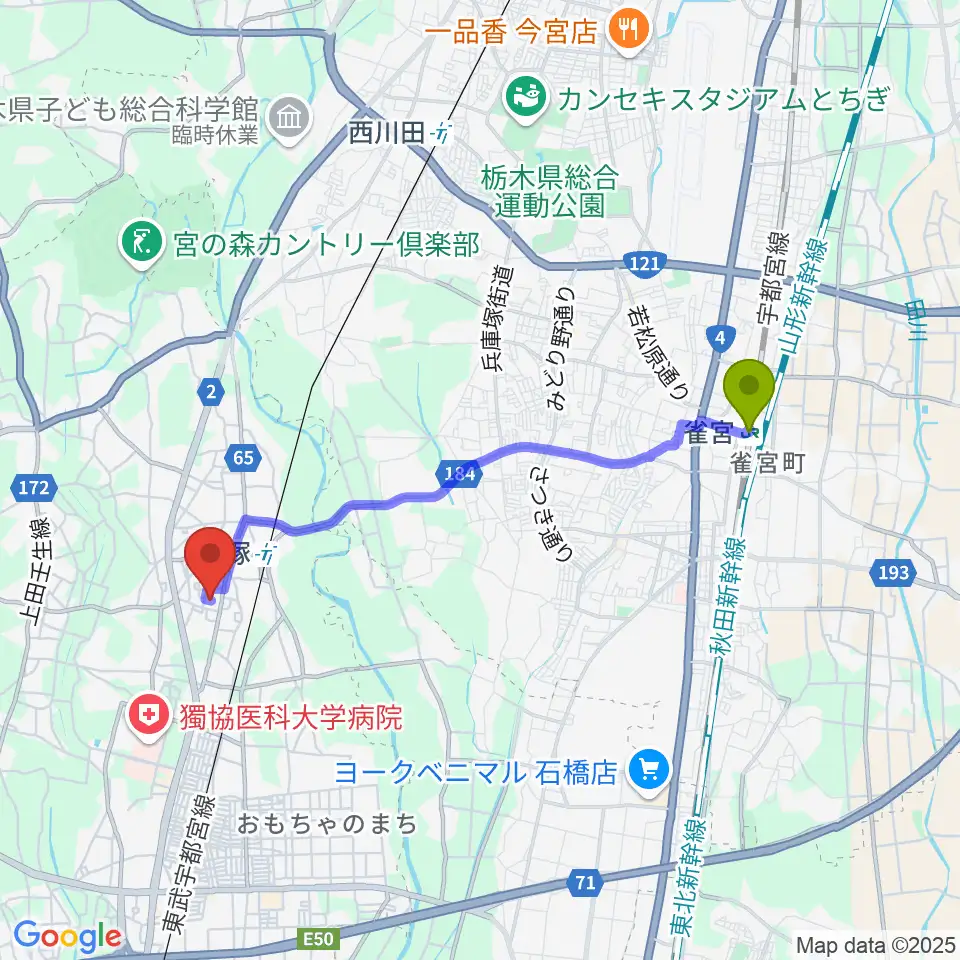 雀宮駅からL.O.A Guitar Repairへのルートマップ地図
