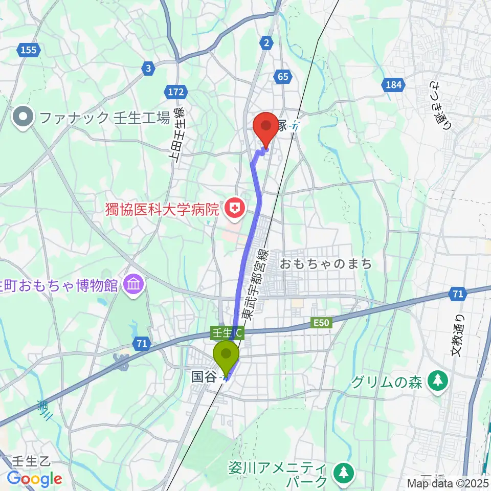 国谷駅からL.O.A Guitar Repairへのルートマップ地図