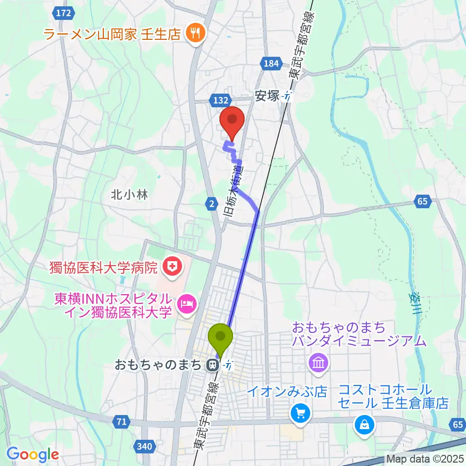 おもちゃのまち駅からL.O.Aギターリペアへのルートマップ地図